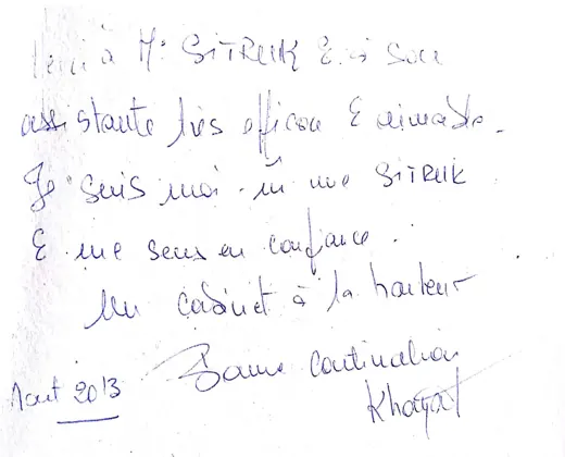 Note manuscrite : Merci à Me Sitruk & à son assistante très efficace & aimable. … & me sens en confiance. Un…