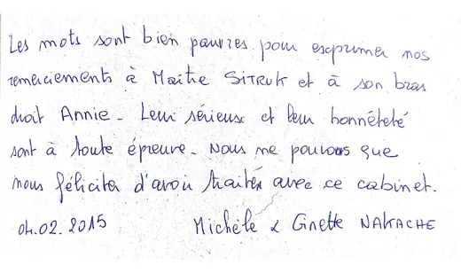 Note manuscrite : Les mots sont bien pauvres pour exprimer nos remerciements à Maître SITRUK et à son bras d…